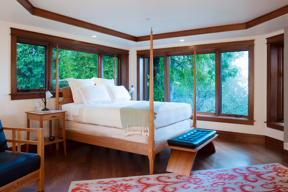 Diseño de dormitorio principal de estilo americano sin chimenea con paredes beige y suelo de madera oscura