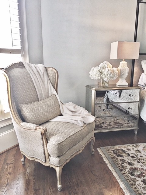 Photo of a medium sized shabby-chic style master and grey and cream bedroom in Atlanta with blue walls and medium hardwood flooring.