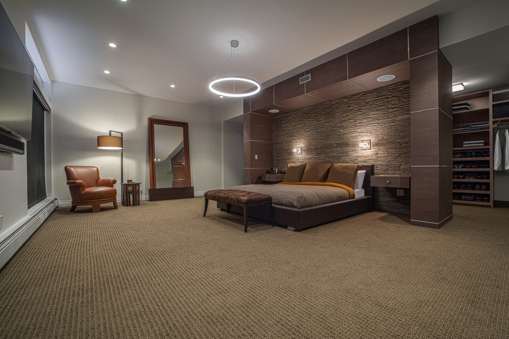 Large minimalist master carpeted bedroom photo in New York with gray walls and no fireplace