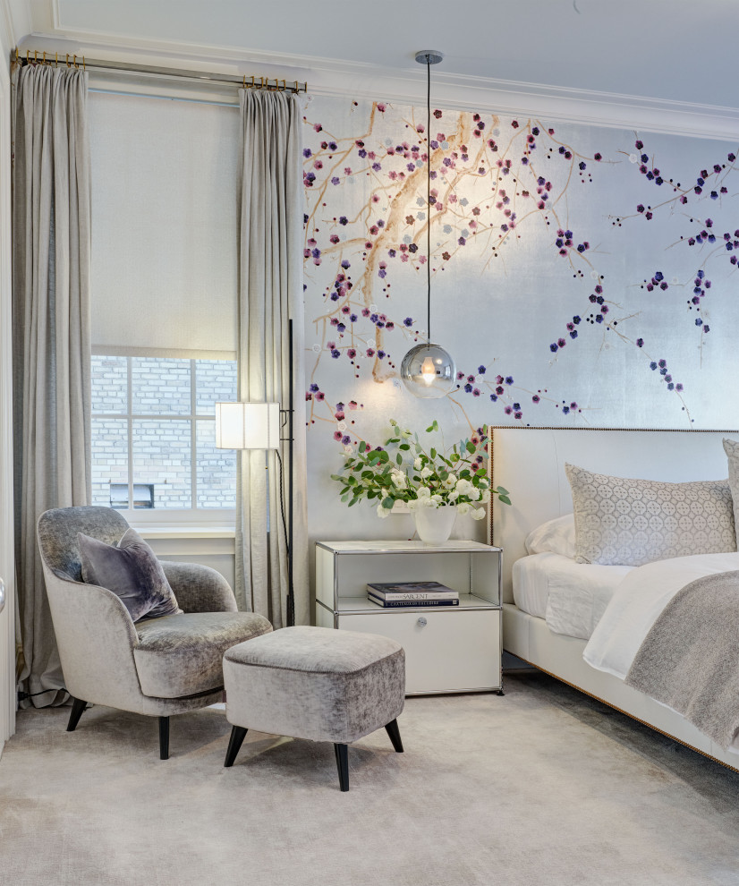 Large contemporary master bedroom in New York with grey walls, carpet, no fireplace and grey floors.