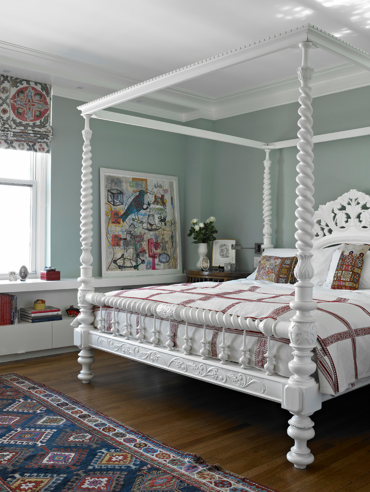 Example of a trendy bedroom design in New York with gray walls