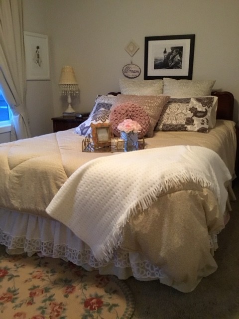 Foto di una piccola camera degli ospiti chic con pareti beige, moquette, nessun camino e pavimento beige