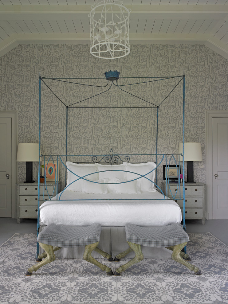Bedroom - huge traditional master carpeted bedroom idea in New York with gray walls