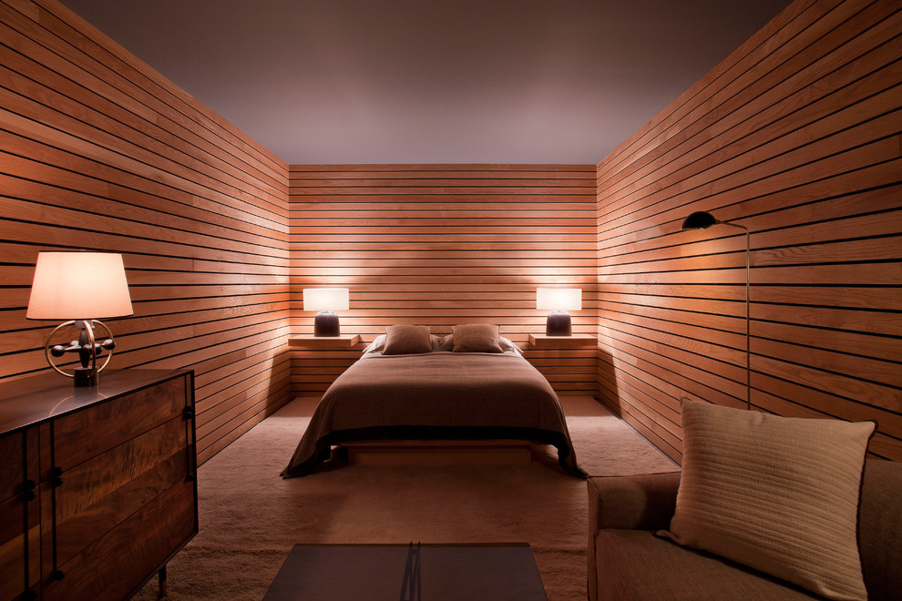 Foto de dormitorio principal contemporáneo grande sin chimenea con moqueta, paredes marrones y suelo marrón