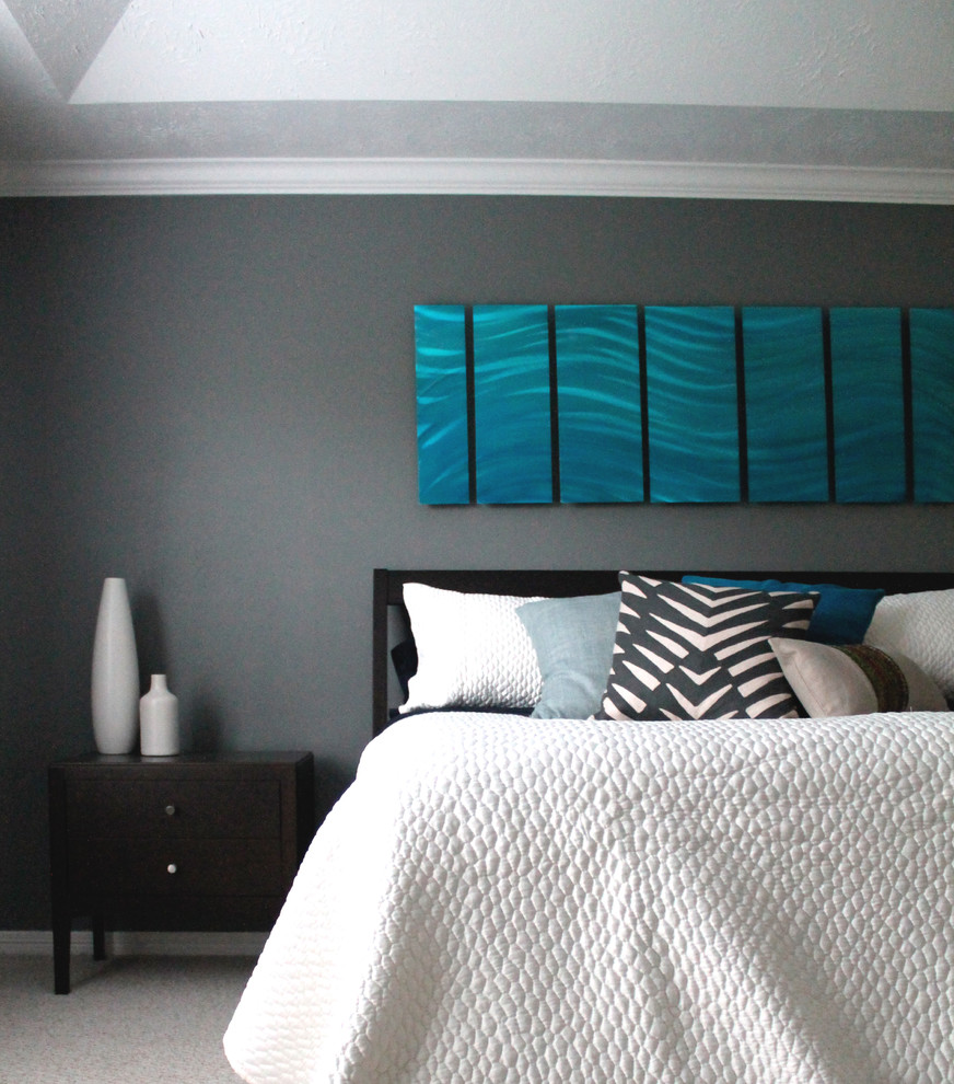 Mid-sized minimalist master carpeted bedroom photo in Houston with gray walls