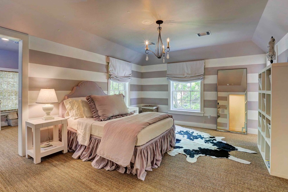 Inspiration for a shabby-chic style carpeted bedroom remodel in Houston with multicolored walls and no fireplace