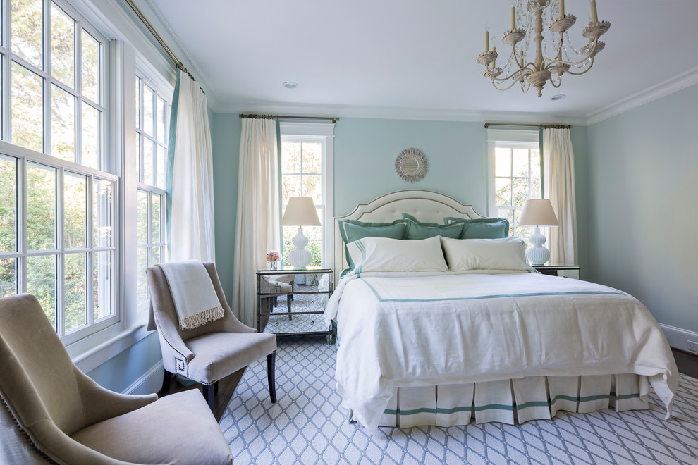 Идея дизайна: спальня в классическом стиле с синими стенами без камина
