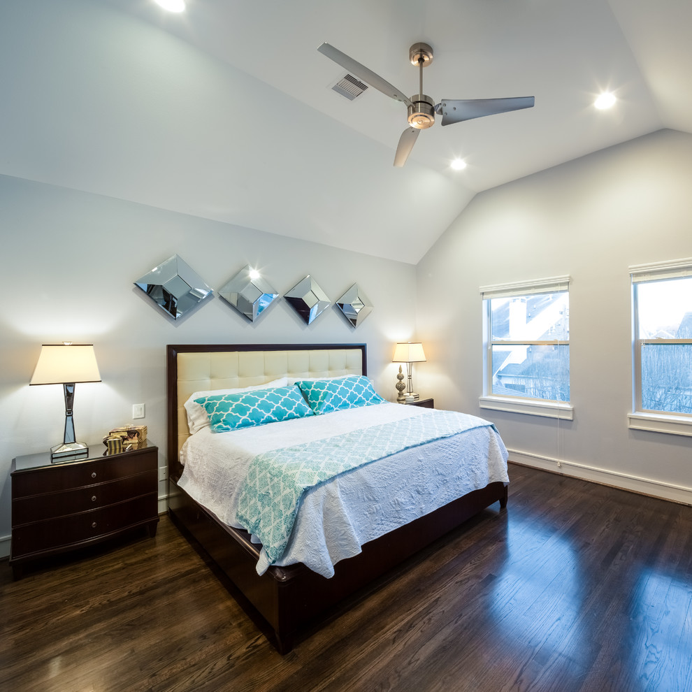Mid-sized transitional master dark wood floor bedroom photo in Houston with gray walls