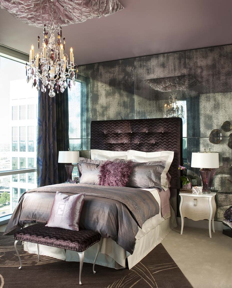Trendy bedroom photo in Dallas with gray walls