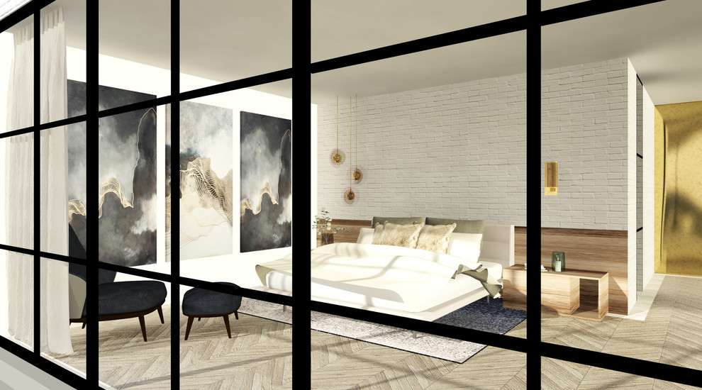 Ejemplo de dormitorio principal minimalista de tamaño medio con paredes blancas, suelo de madera clara y suelo beige