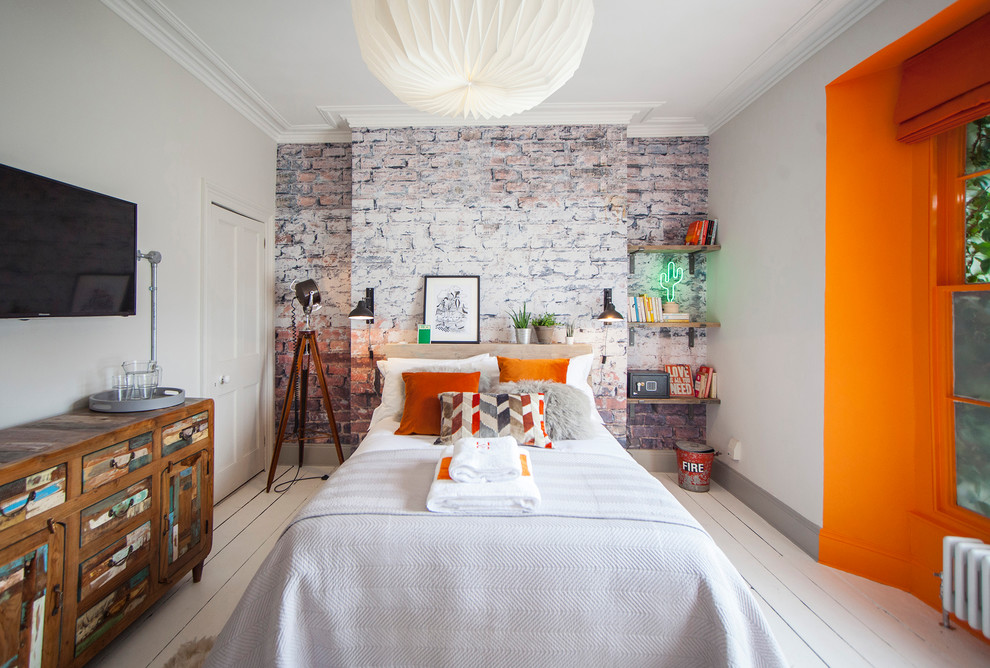 Inspiration for a contemporary bedroom in Other with multi-coloured walls, light hardwood flooring and white floors.