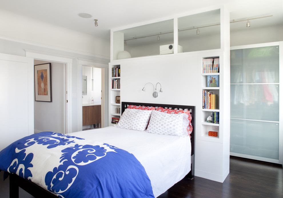 Contemporary bedroom in San Francisco with white walls.