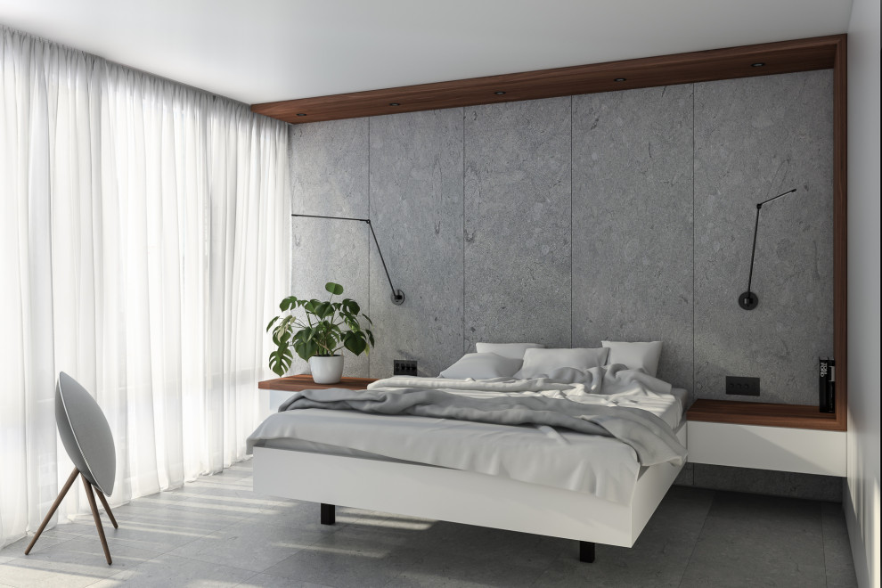 Ejemplo de dormitorio principal asiático grande sin chimenea con paredes grises, suelo gris y suelo de piedra caliza