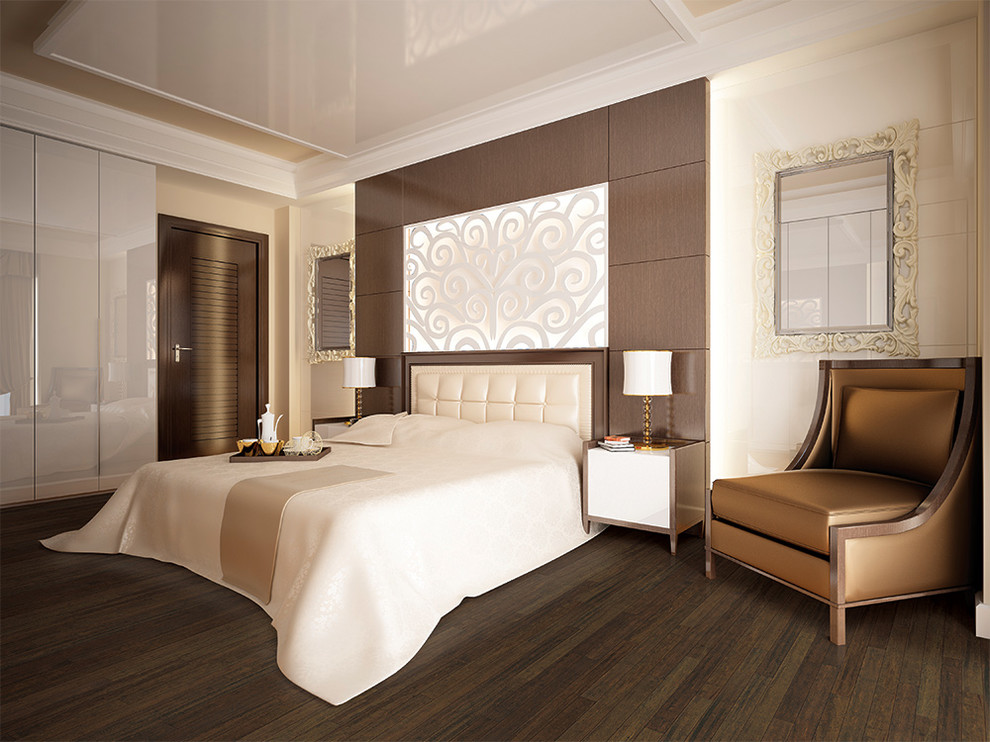 На фото: гостевая спальня среднего размера, (комната для гостей) в стиле неоклассика (современная классика) с белыми стенами и полом из бамбука без камина