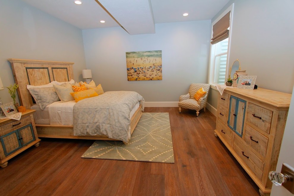 Inspiration for a medium sized coastal guest bedroom in Salt Lake City with grey walls, dark hardwood flooring and no fireplace.
