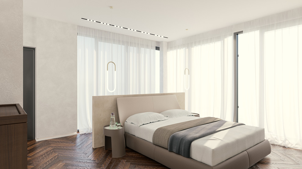 На фото: гостевая спальня (комната для гостей) в стиле модернизм с белыми стенами, паркетным полом среднего тона и бежевым полом с