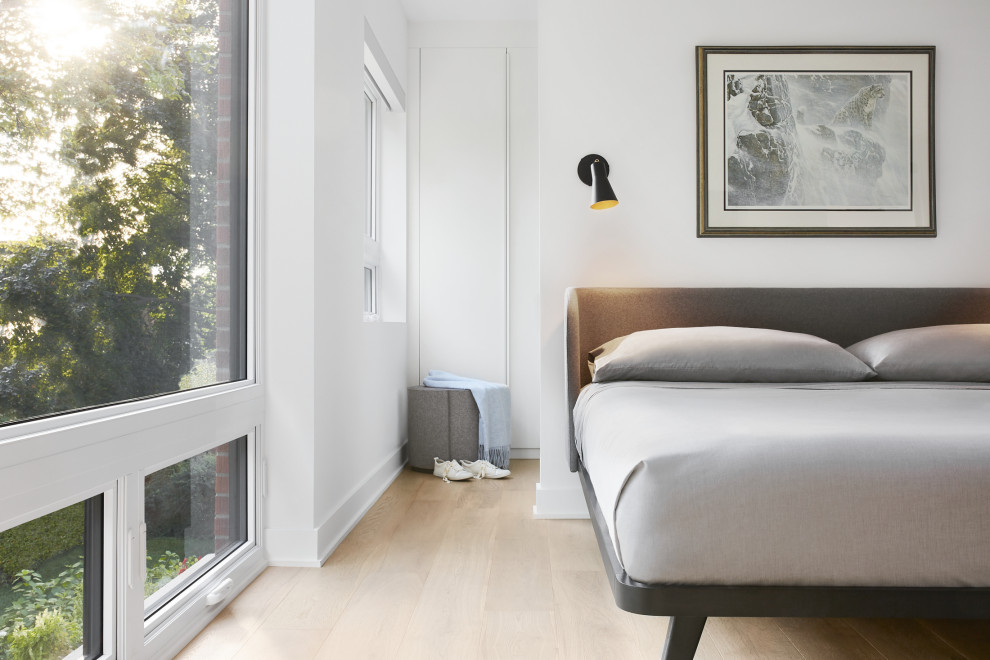 Inspiration for a small modern master light wood floor bedroom remodel in Montreal with white walls