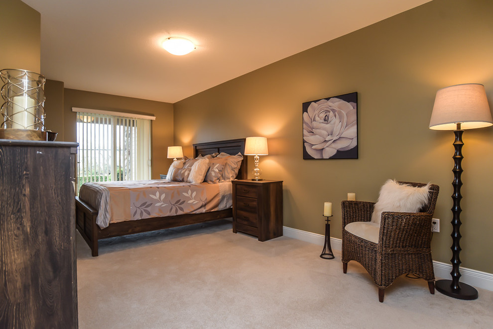 Design ideas for a large classic master bedroom in Other with brown walls, carpet, no fireplace and beige floors.