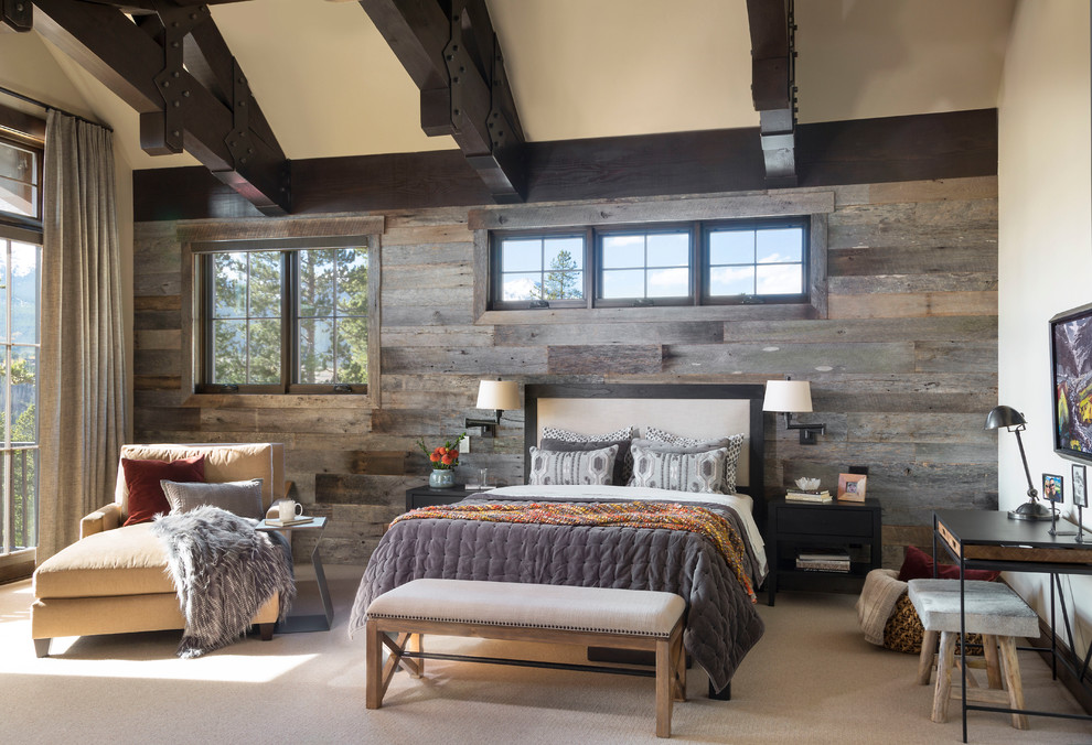 Inspiration for a large rustic master carpeted and beige floor bedroom remodel in Denver with white walls and no fireplace