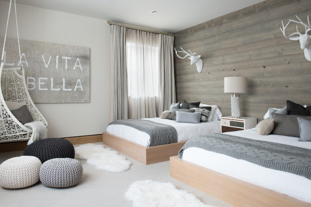 Large danish guest carpeted and gray floor bedroom photo in Denver with white walls and no fireplace