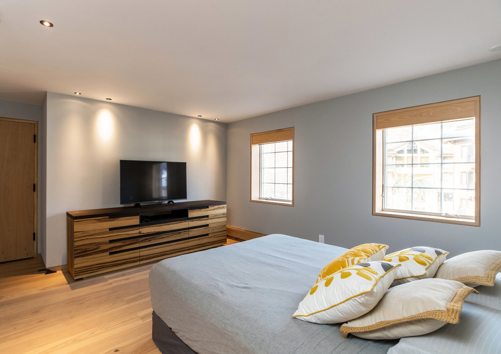 Mittelgroßes Modernes Hauptschlafzimmer ohne Kamin mit grauer Wandfarbe, hellem Holzboden und braunem Boden in Denver