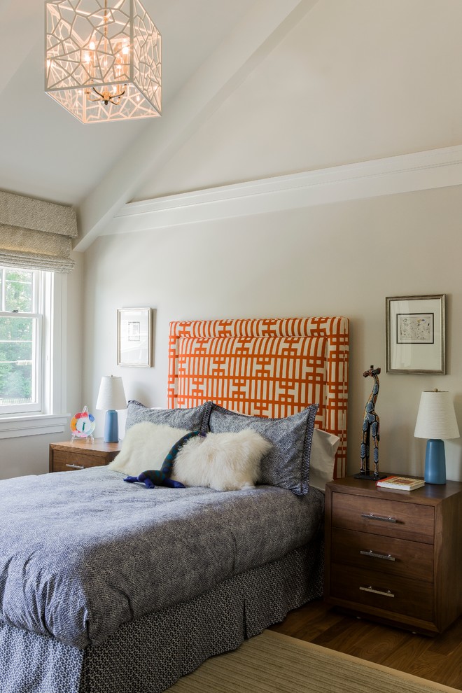 Inspiration för ett vintage sovrum, med grå väggar