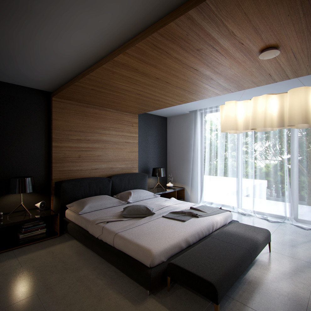 Стильный дизайн: хозяйская спальня среднего размера в современном стиле с черными стенами и бетонным полом - последний тренд