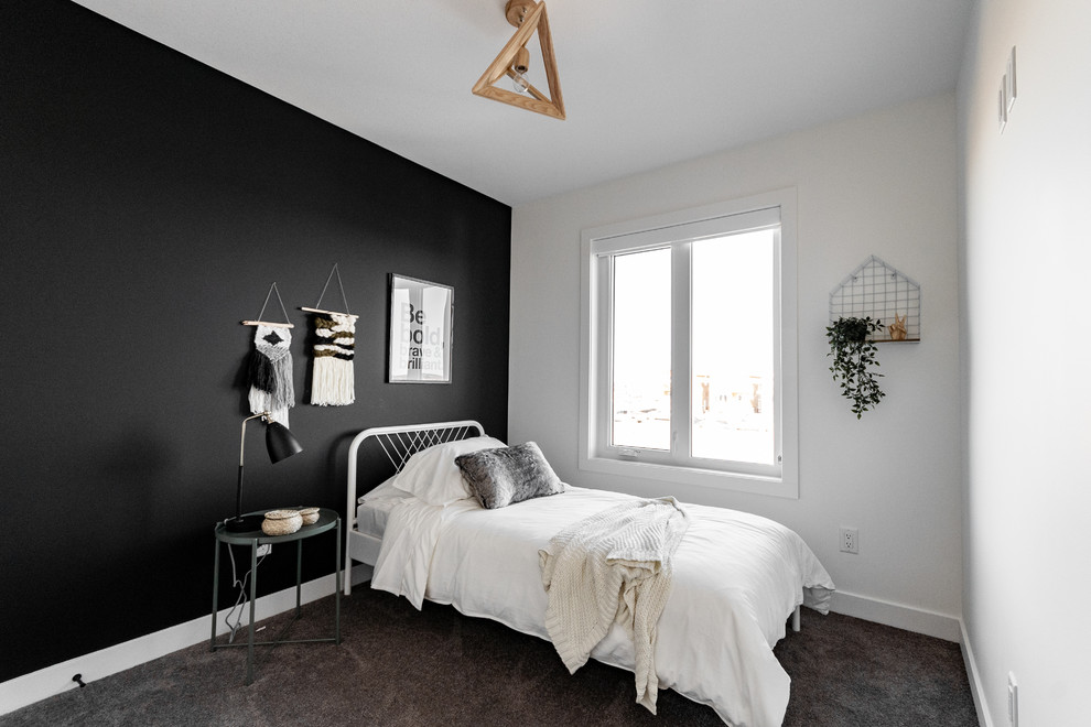 Diseño de dormitorio nórdico con paredes blancas, moqueta y suelo gris
