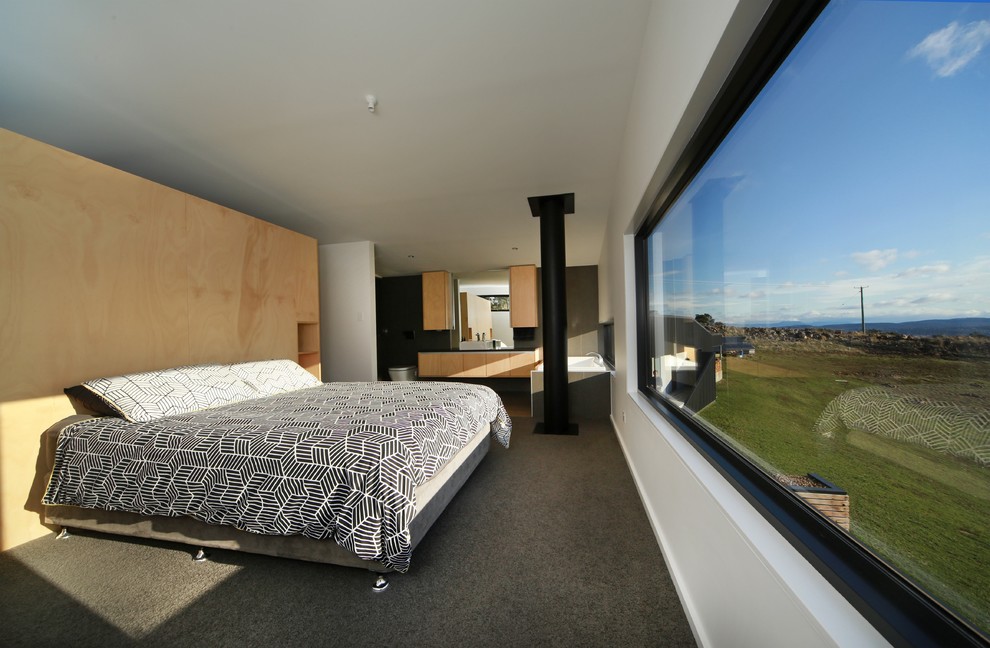 Foto de dormitorio principal contemporáneo de tamaño medio sin chimenea con moqueta y paredes blancas