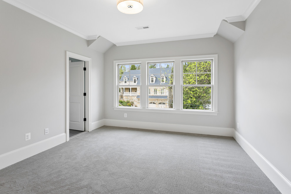 Diseño de habitación de invitados contemporánea de tamaño medio con paredes grises, moqueta y suelo gris