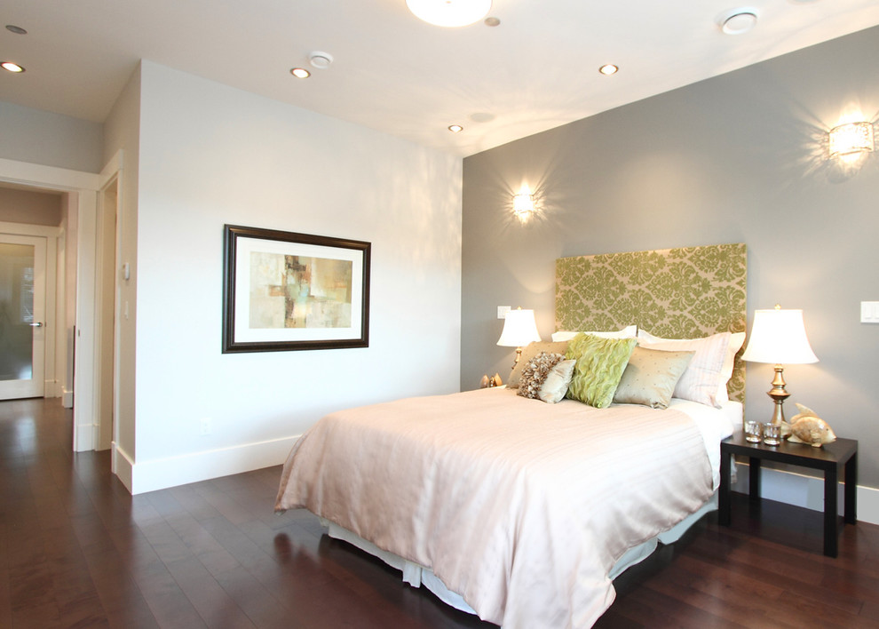 Inspiration for a contemporary dark wood floor bedroom remodel in Vancouver with gray walls