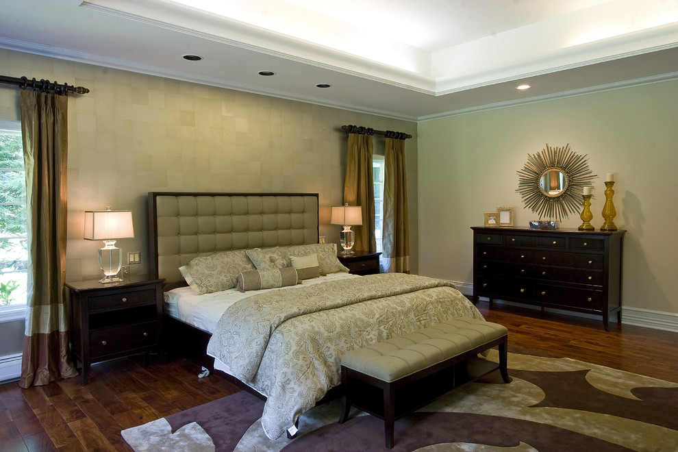 Design ideas for a classic bedroom in New York with beige walls, dark hardwood flooring and a feature wall.