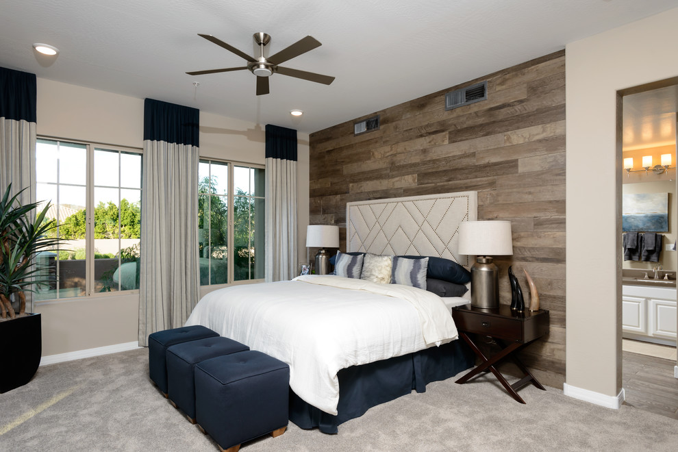 Inspiration for a medium sized contemporary master bedroom in Phoenix with beige walls and carpet.