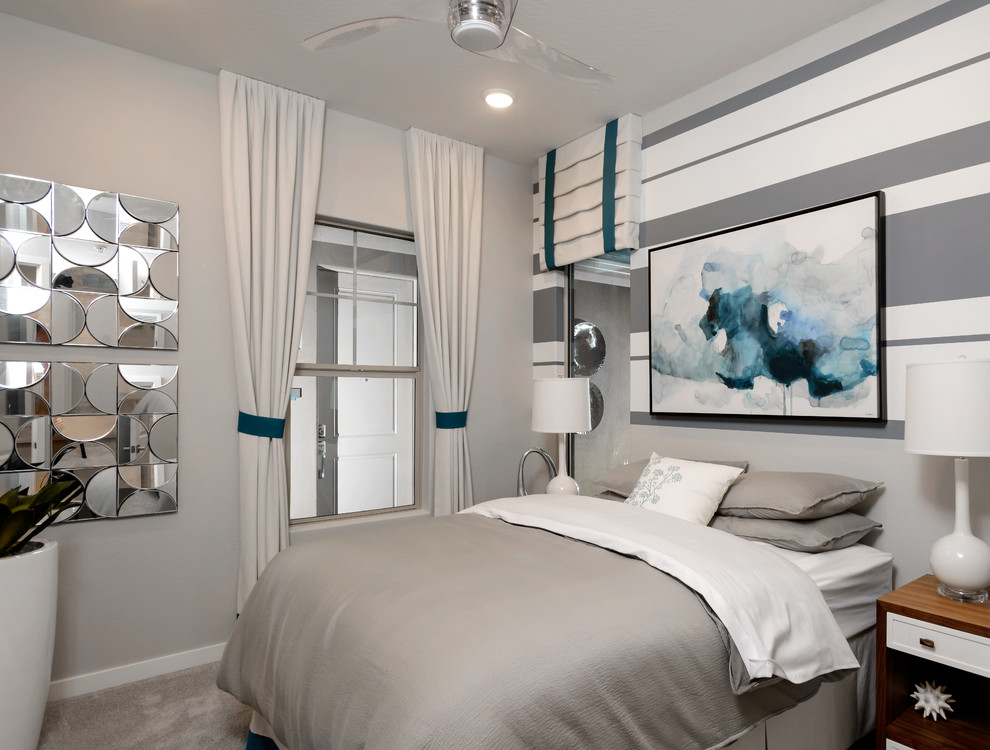 Идея дизайна: гостевая спальня среднего размера, (комната для гостей) в современном стиле с серыми стенами и ковровым покрытием