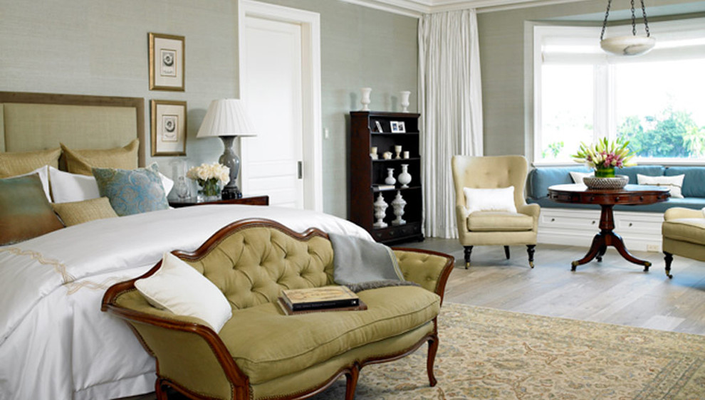 Bedroom - large traditional master light wood floor and beige floor bedroom idea in Miami with gray walls