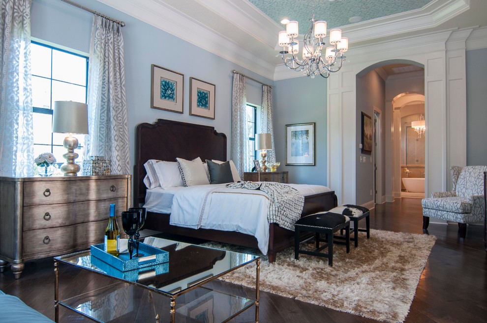 Inspiration for a timeless master dark wood floor bedroom remodel in Tampa with blue walls