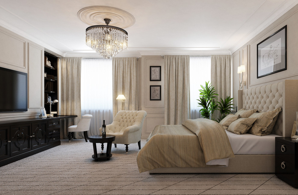 Example of a large transitional master carpeted bedroom design in Tampa with beige walls