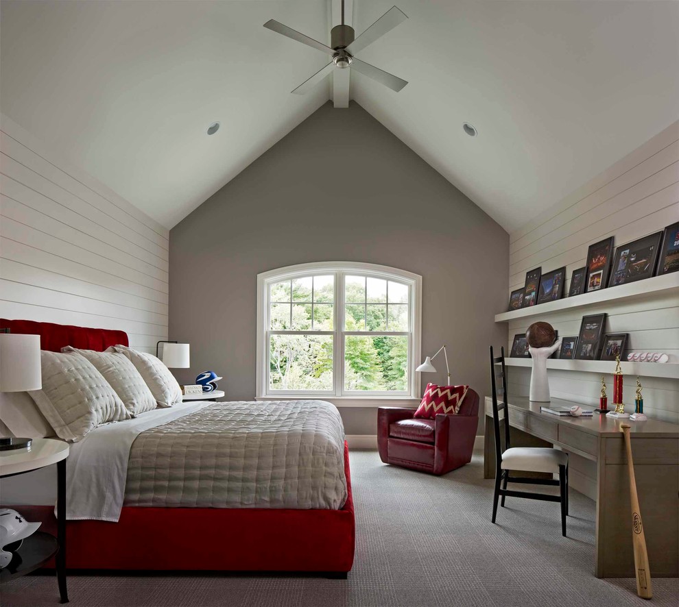 Свежая идея для дизайна: спальня в современном стиле с серыми стенами и ковровым покрытием без камина - отличное фото интерьера