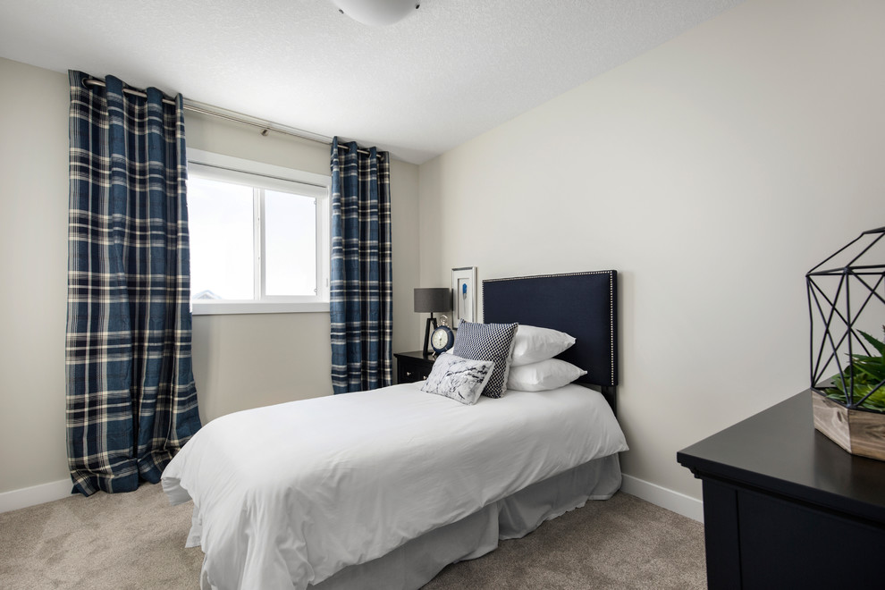 Свежая идея для дизайна: гостевая спальня среднего размера, (комната для гостей) в стиле модернизм с серыми стенами, ковровым покрытием и серым полом без камина - отличное фото интерьера