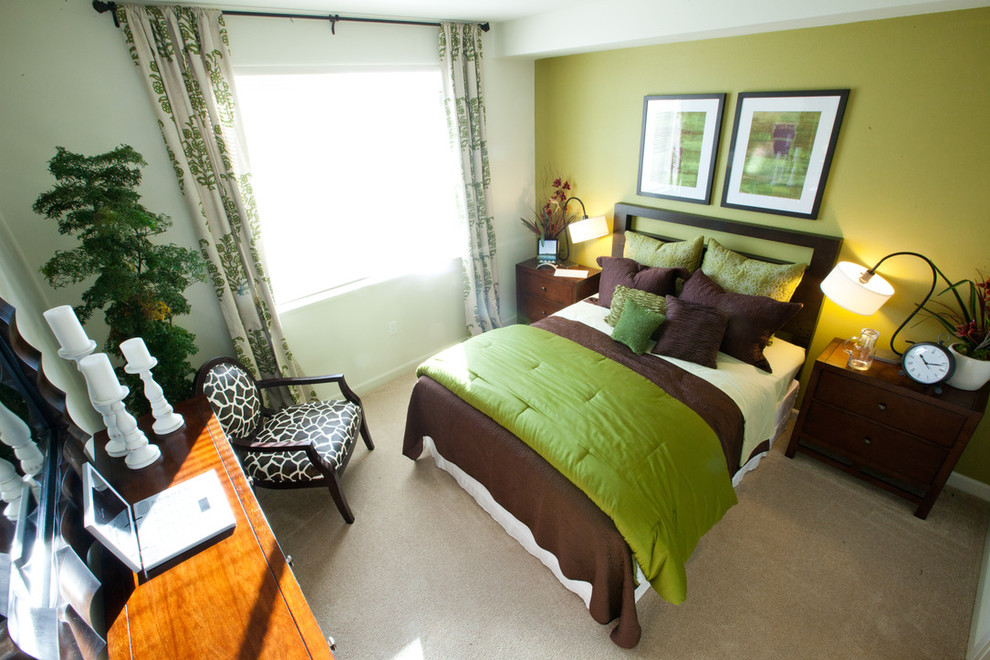 サンフランシスコにある中くらいな地中海スタイルのおしゃれな主寝室 (緑の壁、カーペット敷き)
