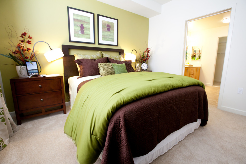 Inspiration for a mid-sized mediterranean master carpeted bedroom remodel in San Francisco with green walls