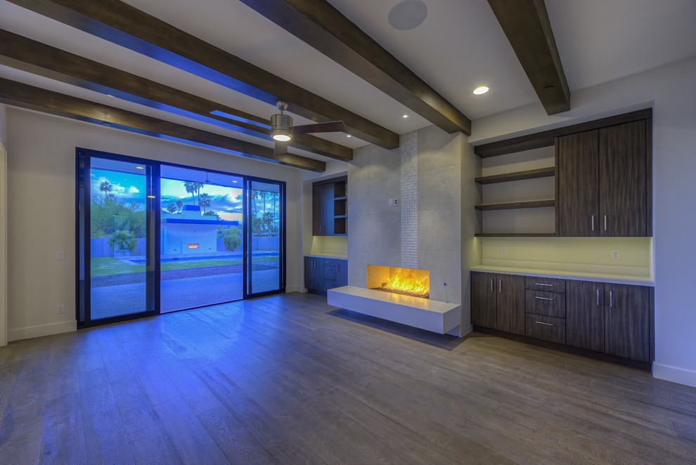 Bedroom - large modern master dark wood floor and beige floor bedroom idea in Phoenix with beige walls and no fireplace