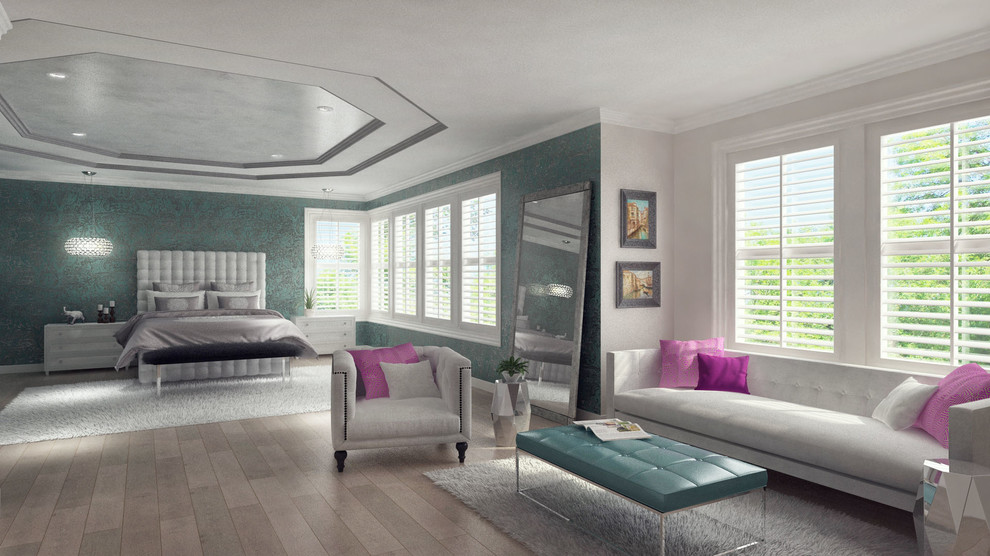 Diseño de dormitorio principal minimalista grande con paredes multicolor, suelo de madera clara y chimenea de esquina