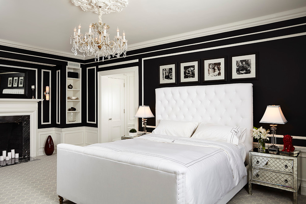 Идея дизайна: спальня в классическом стиле с черными стенами, ковровым покрытием, стандартным камином и фасадом камина из дерева