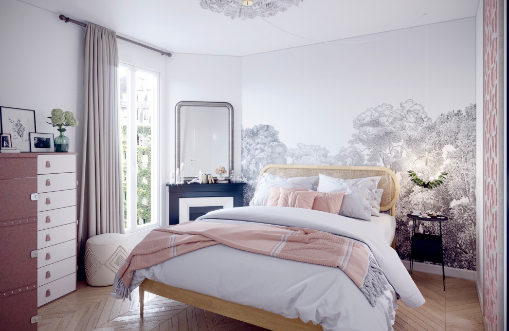 Mittelgroßes Modernes Schlafzimmer mit bunten Wänden, hellem Holzboden, Eckkamin, Kaminumrandung aus Stein und beigem Boden in Paris