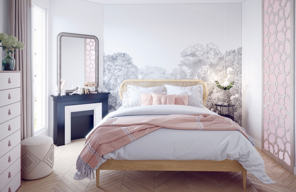 Cette photo montre une chambre tendance de taille moyenne avec un mur multicolore, parquet clair, une cheminée d'angle, un manteau de cheminée en pierre et un sol beige.