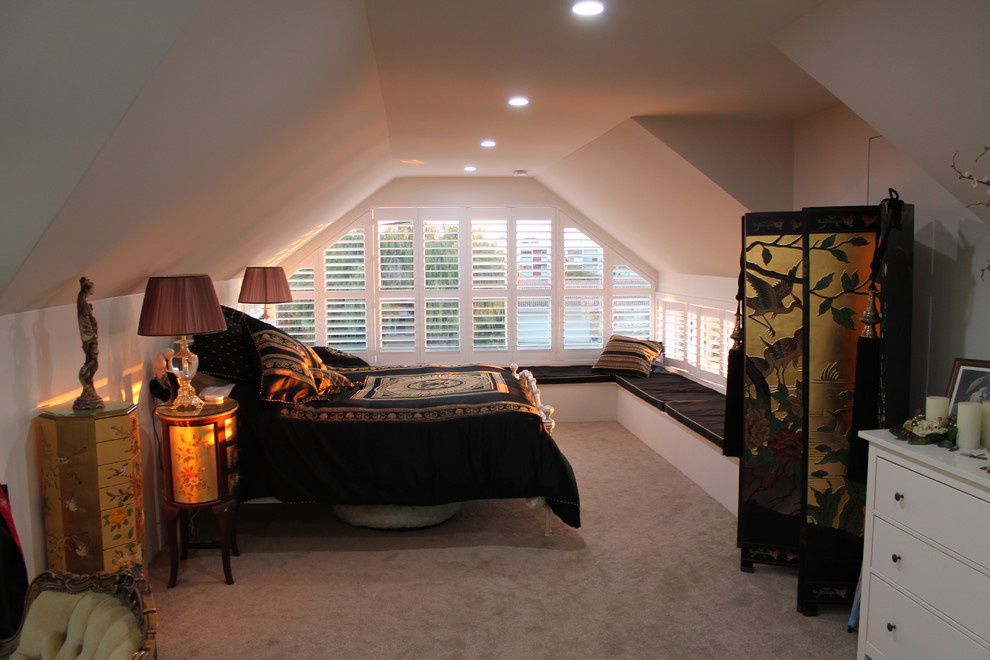 Medium sized victorian mezzanine bedroom in Perth with white walls, carpet and brown floors.