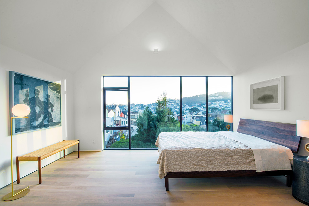 Diseño de dormitorio principal moderno grande sin chimenea con paredes blancas, suelo de madera en tonos medios y suelo beige