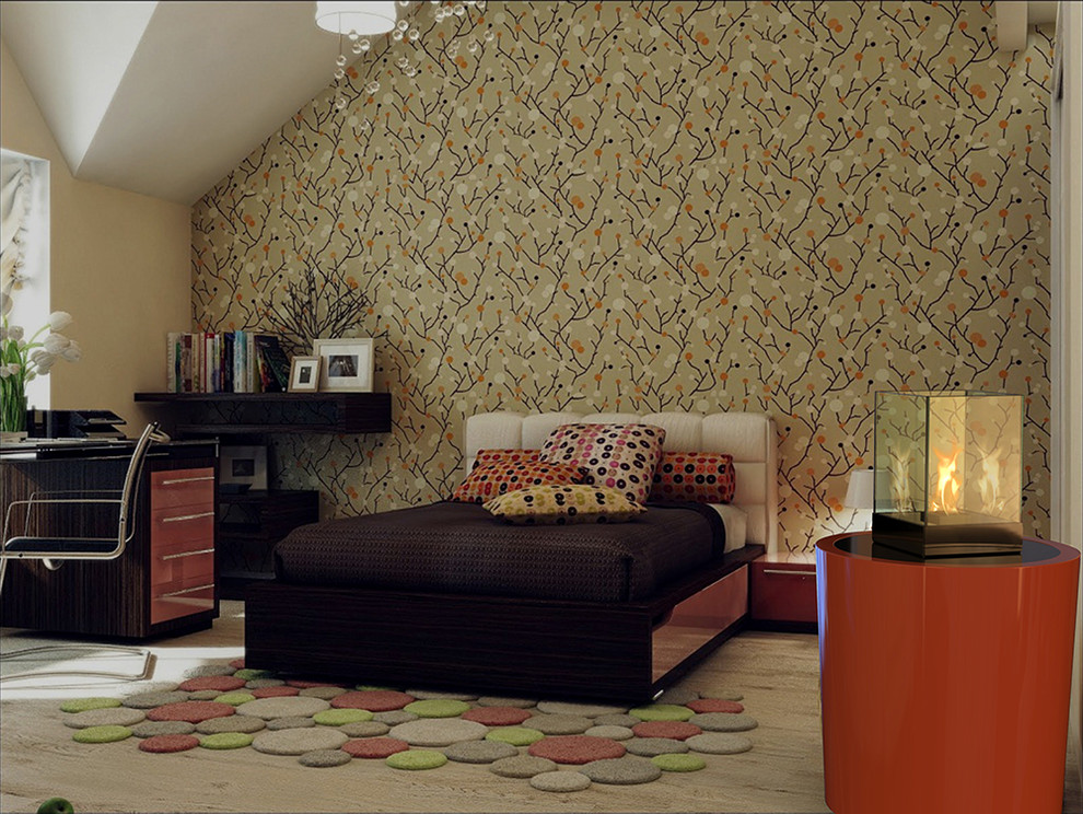 На фото: большая спальня на антресоли в современном стиле без камина с