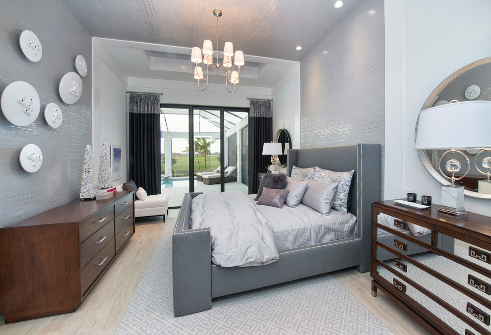 Bild på ett funkis sovrum, med grå väggar och beiget golv